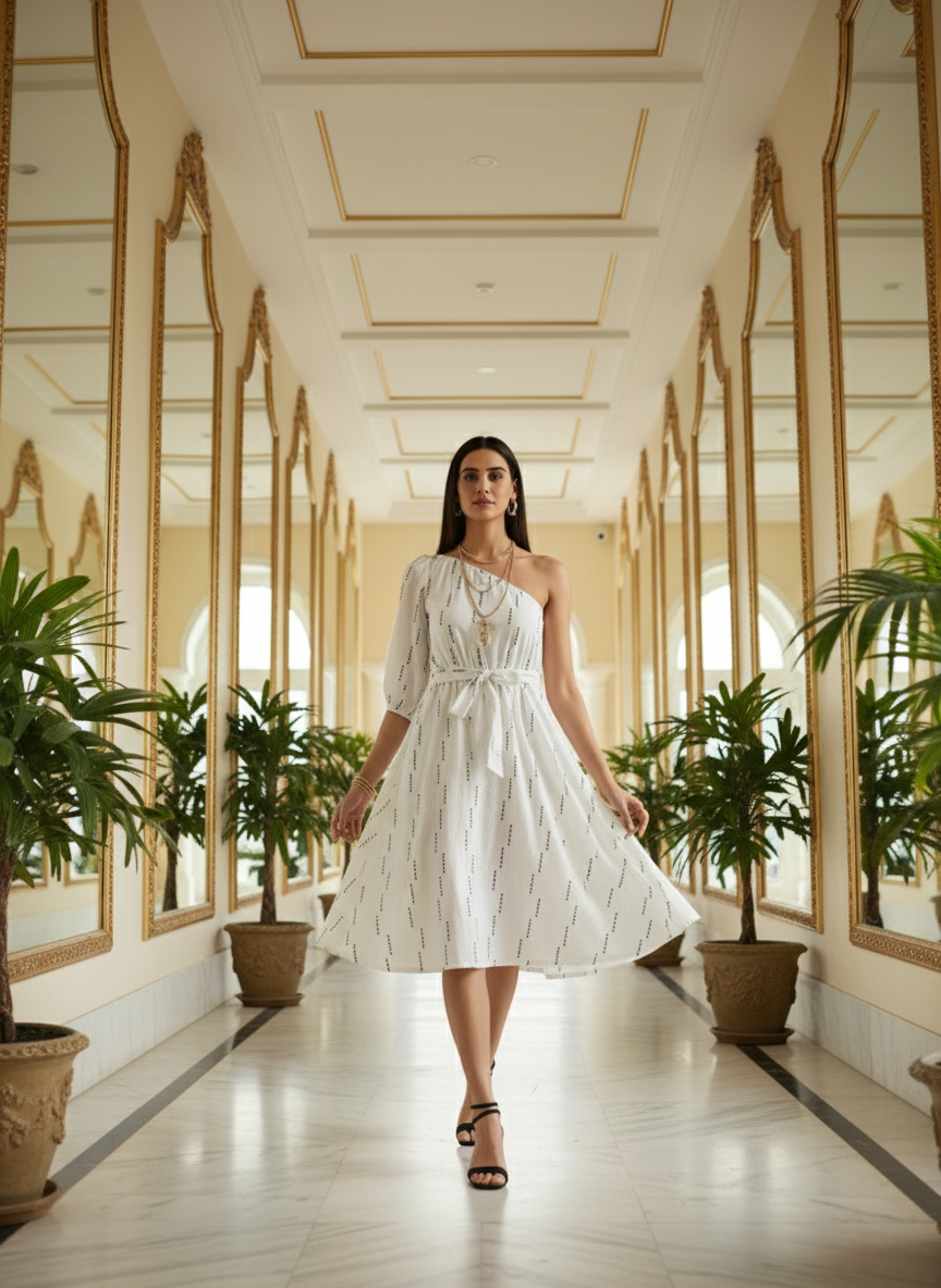 Selene One-Shoulder White Midi Dress