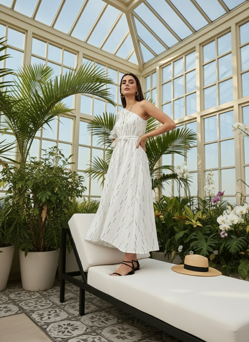 Selene One-Shoulder White Midi Dress