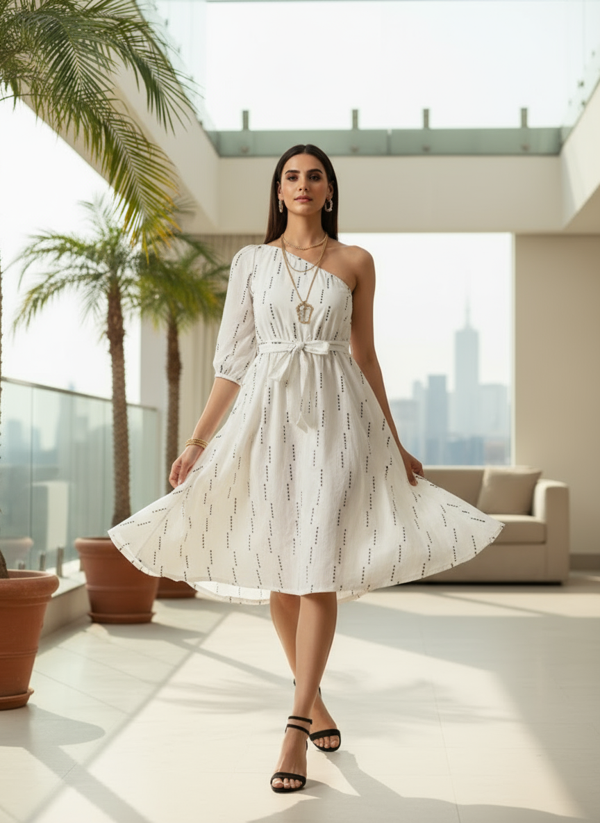Selene One-Shoulder White Midi Dress