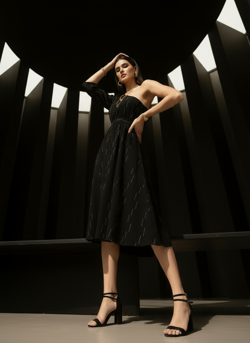 Selene One-Shoulder Black Midi Dress