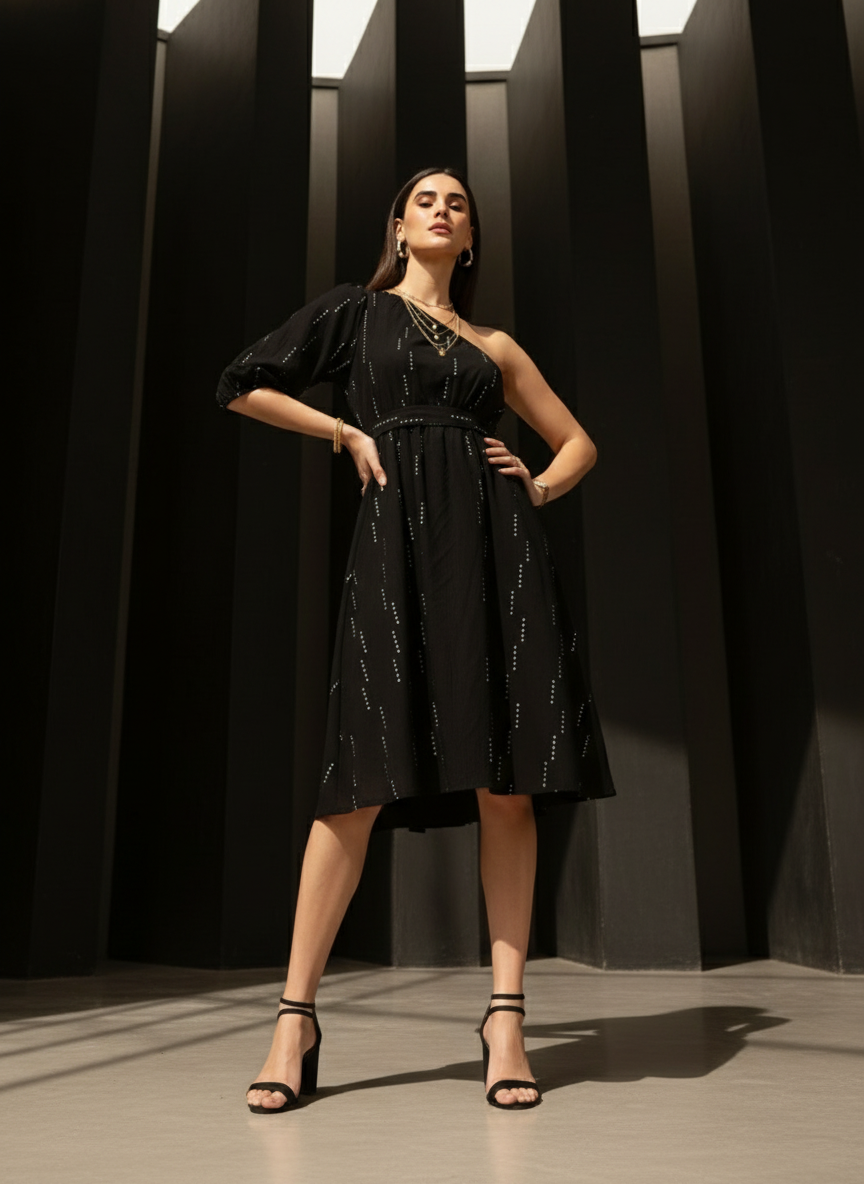 Selene One-Shoulder Black Midi Dress