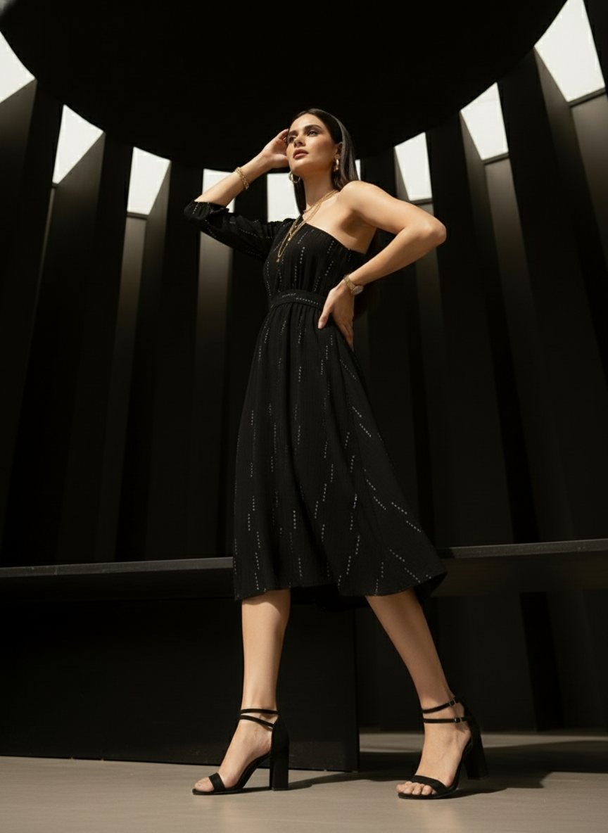 Selene One-Shoulder Black Midi Dress