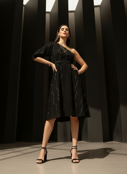 Selene One-Shoulder Black Midi Dress