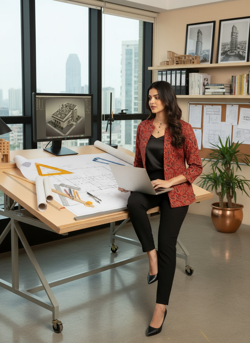 Red Ajrak Block Print - Rekha Handwoven Open Front Cotton Blazer
