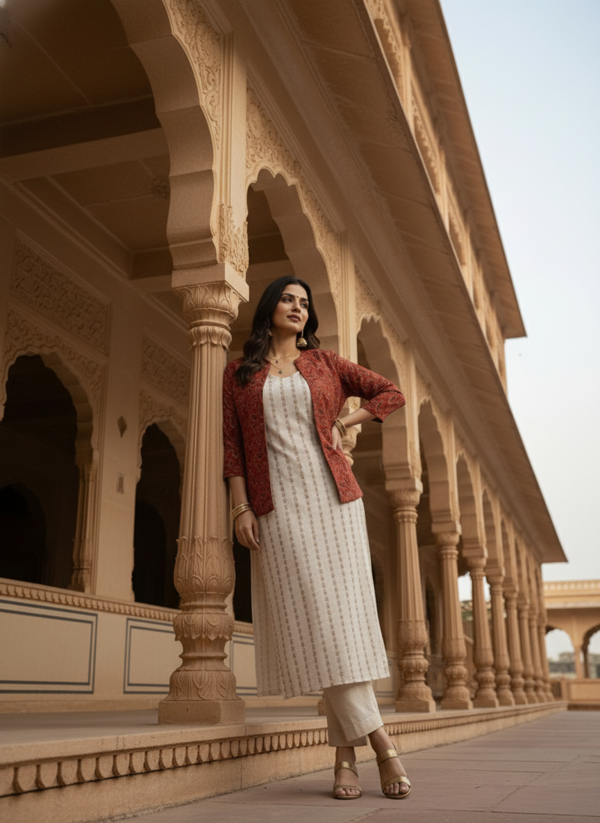 Red Ajrak Block Print - Rekha Handwoven Open Front Cotton Blazer