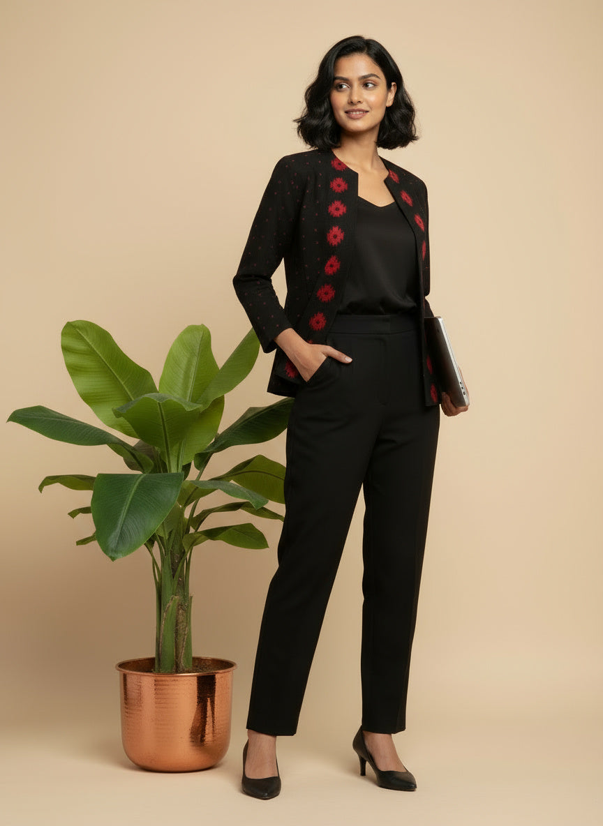 Rich Black with Red Motifs Open Front Cotton Blazer – Rekha Edition