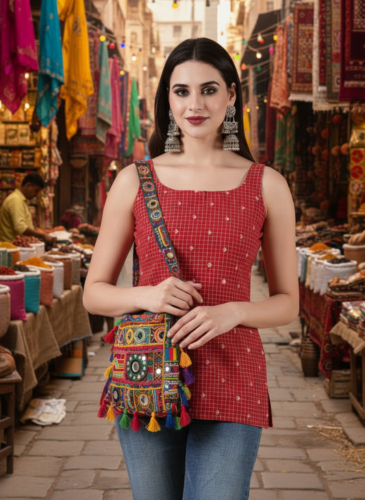 Kiyara Deep U-Back Cotton Kurti -RED