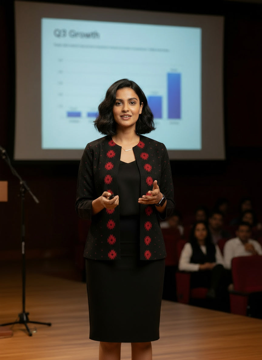 Rich Black with Red Motifs Open Front Cotton Blazer – Rekha Edition