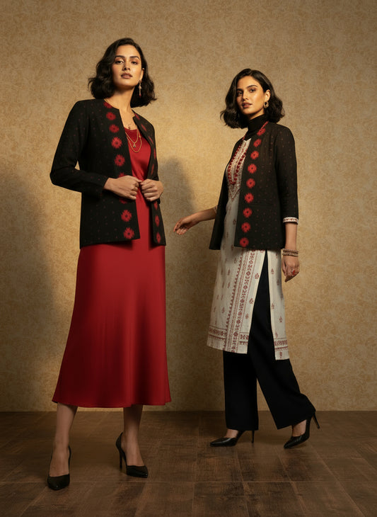 Rich Black with Red Motifs Open Front Cotton Blazer – Rekha Edition