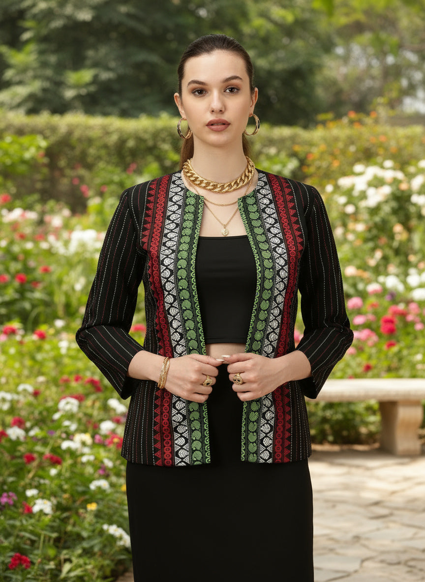 Tribal Border Handwoven South Cotton Open-Front Blazer -ekha Edit Bold Vibes.