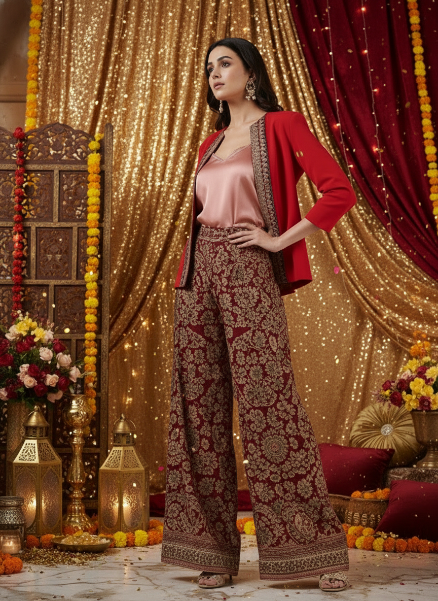 Festive Red Handwoven Cotton Open-Front Blazer – Rekha Edition