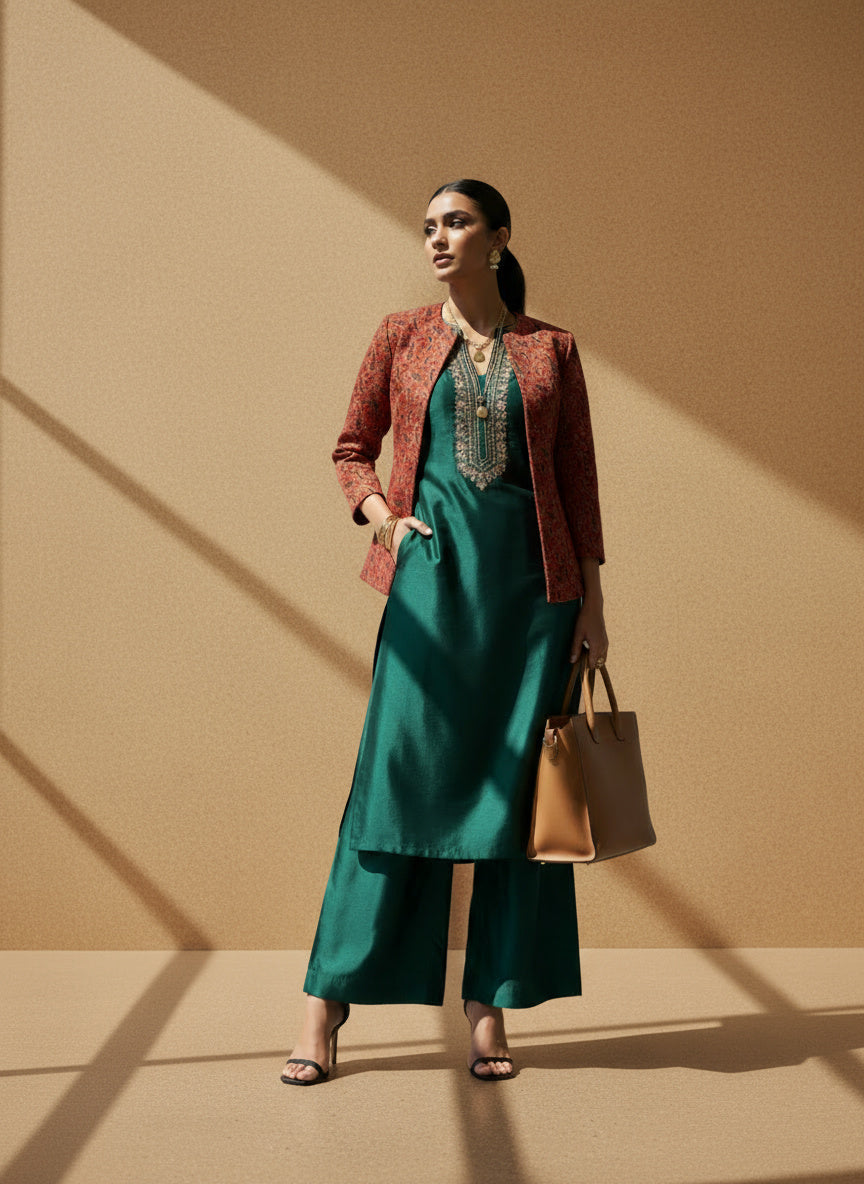 Red Ajrak Block Print - Rekha Handwoven Open Front Cotton Blazer