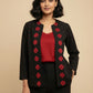 Rich Black with Red Motifs Open Front Cotton Blazer – Rekha Edition