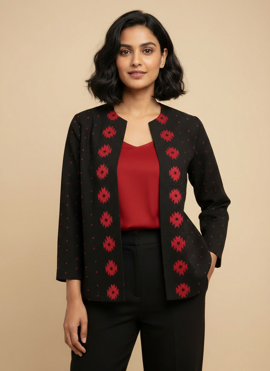 Rich Black with Red Motifs Open Front Cotton Blazer – Rekha Edition