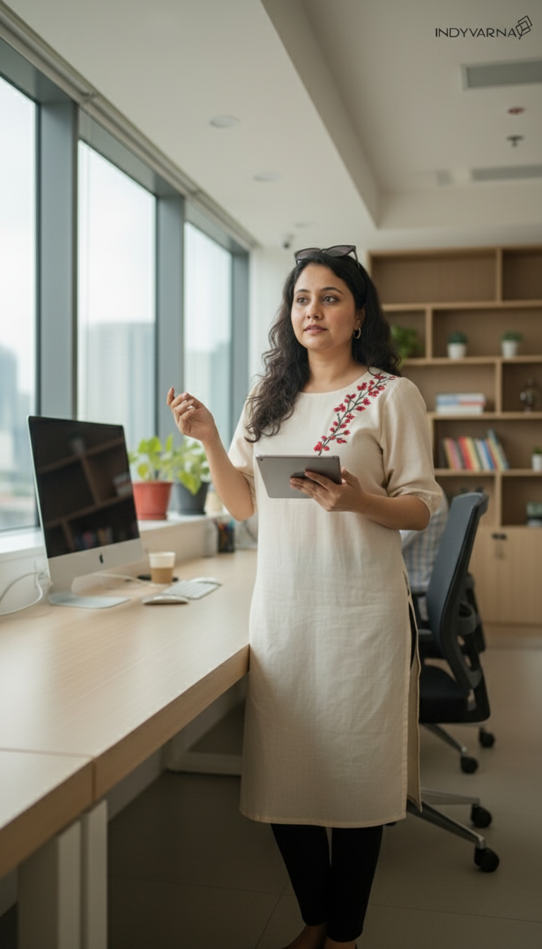 Indyvarna ANVI -Cotton Embroidered Kurta- Ivory Bloom