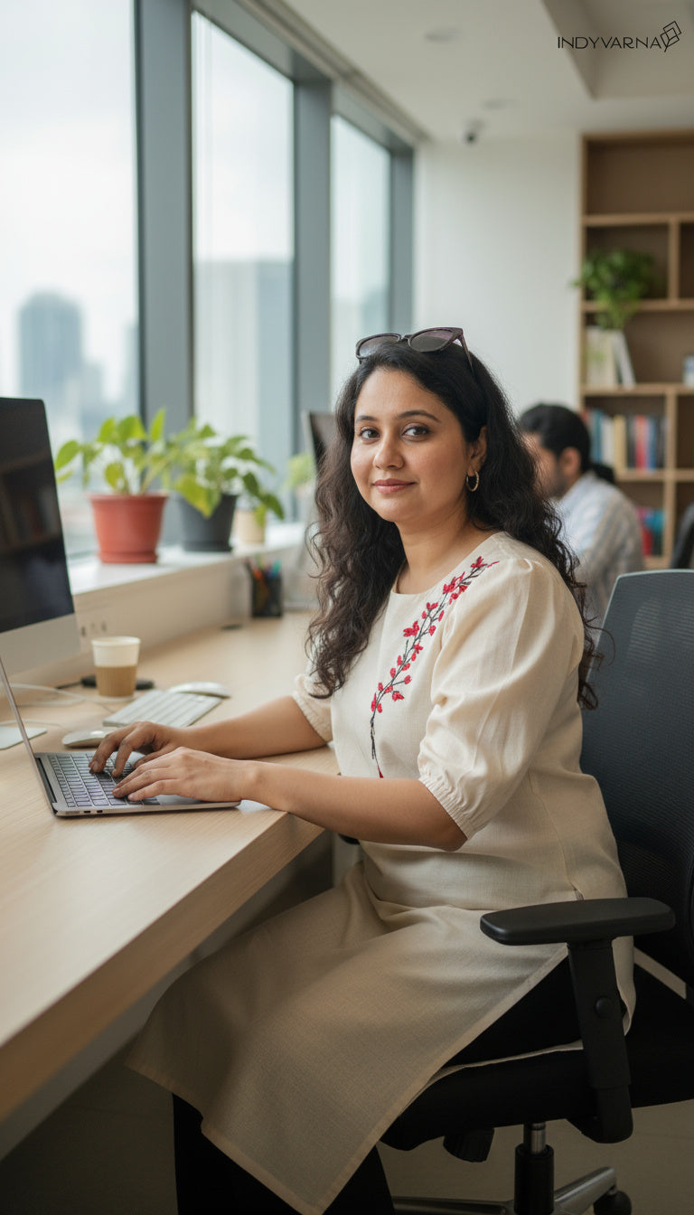 Indyvarna ANVI -Cotton Embroidered Kurta- Ivory Bloom