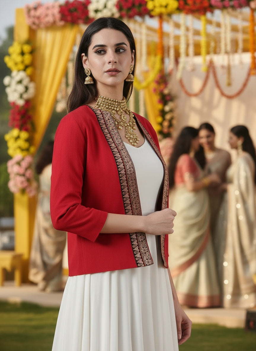 Festive Red Handwoven Cotton Open-Front Blazer – Rekha Edition