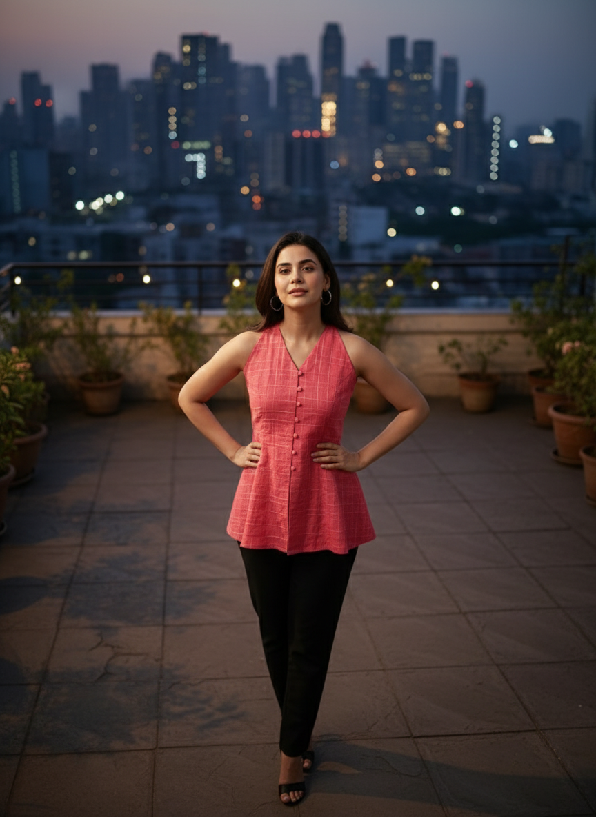 Indyvarna ANAGHA Halter Cotton Tunic – Coral Grid