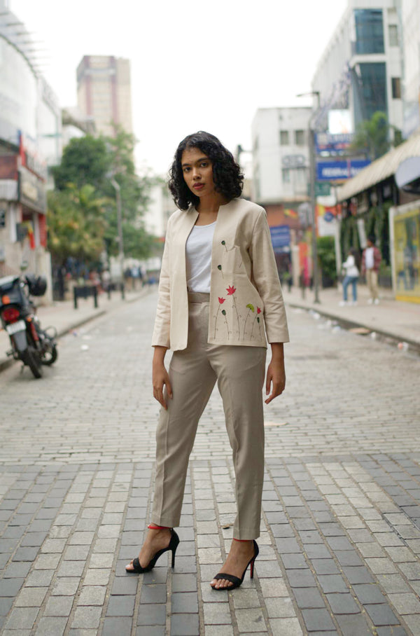 Open Front Cotton Blazer-Sand Beige Hand painted