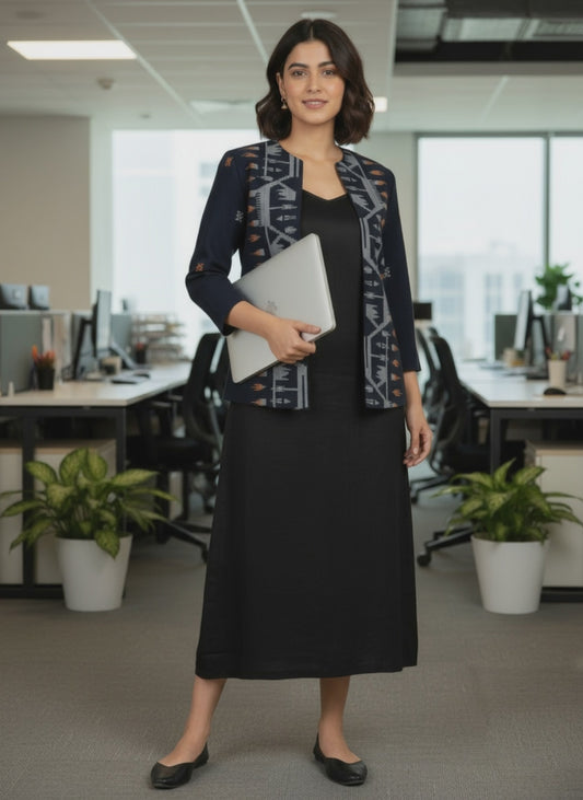 Navy Ikat Handwoven Open Front Cotton Blazer – Rekha Edition