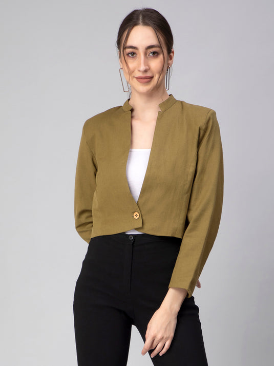 A model wearing a Green Blazer In Pure Cotton, womens workwear