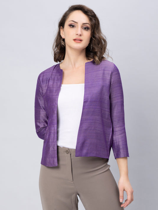 A lady in Purple Pure Tussar Blazer, womens workwear standing against a grey background