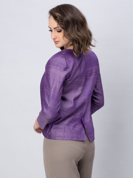 The view from back of Purple Pure Tussar Blazer, formal office wear for women