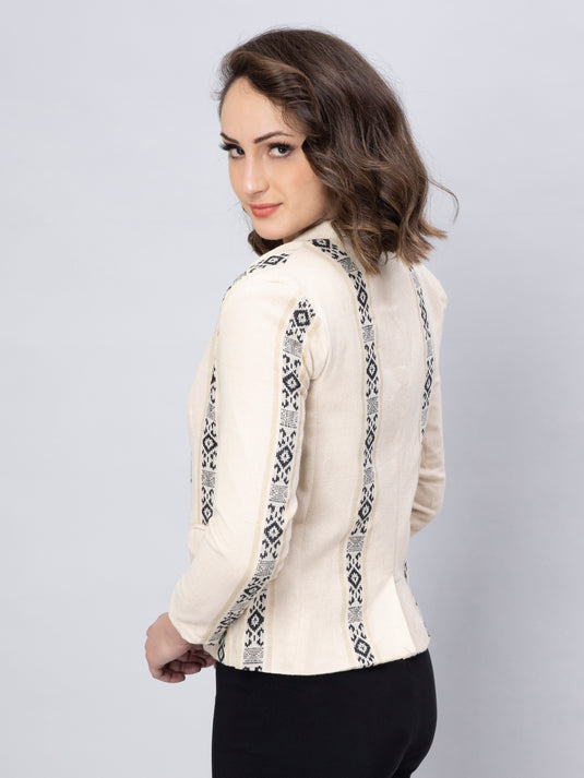 A beautiful back view of picture of Elegant Black And White Blazer In Jute Cotton, womens workwear standing against a grey background looking sideways