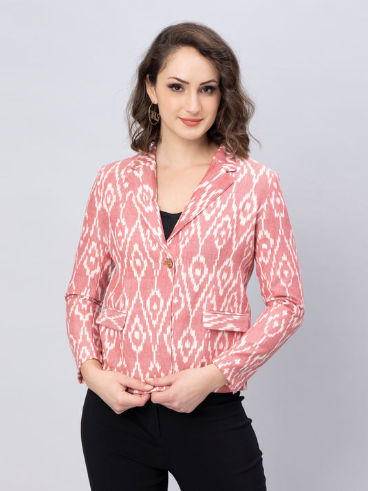 A lady in Pink Woven Ikkat Blazer In Pure Cotton, womens workwear standing against a grey background