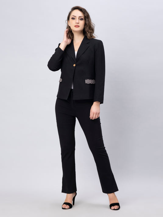 A full length view of lady in Black solid Blazer with Stylish Motif, womens workwear