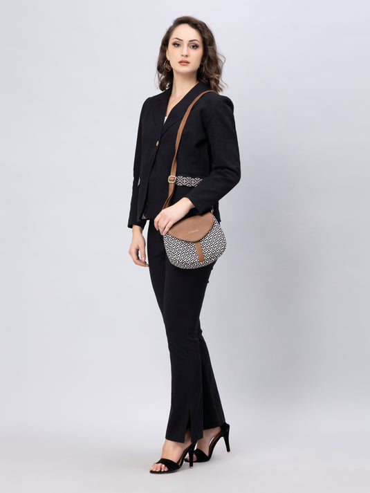 A full length view of lady in Black solid Blazer with Stylish Motif, womens workwear with a handbag