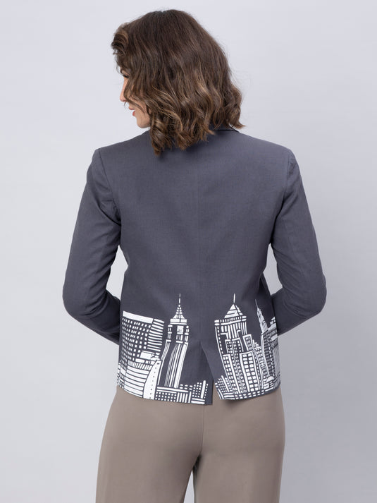 A beautiful back view of lady in Stylish Grey Blazer with Modern Motif, womens workwear