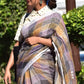 beautiful standing posture of a woman with a bun posing wearing multicolor checks saree with collared blouse