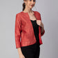 A lady in Earthy RED Pure Tussar Blazer, womens workwear standing against a grey background