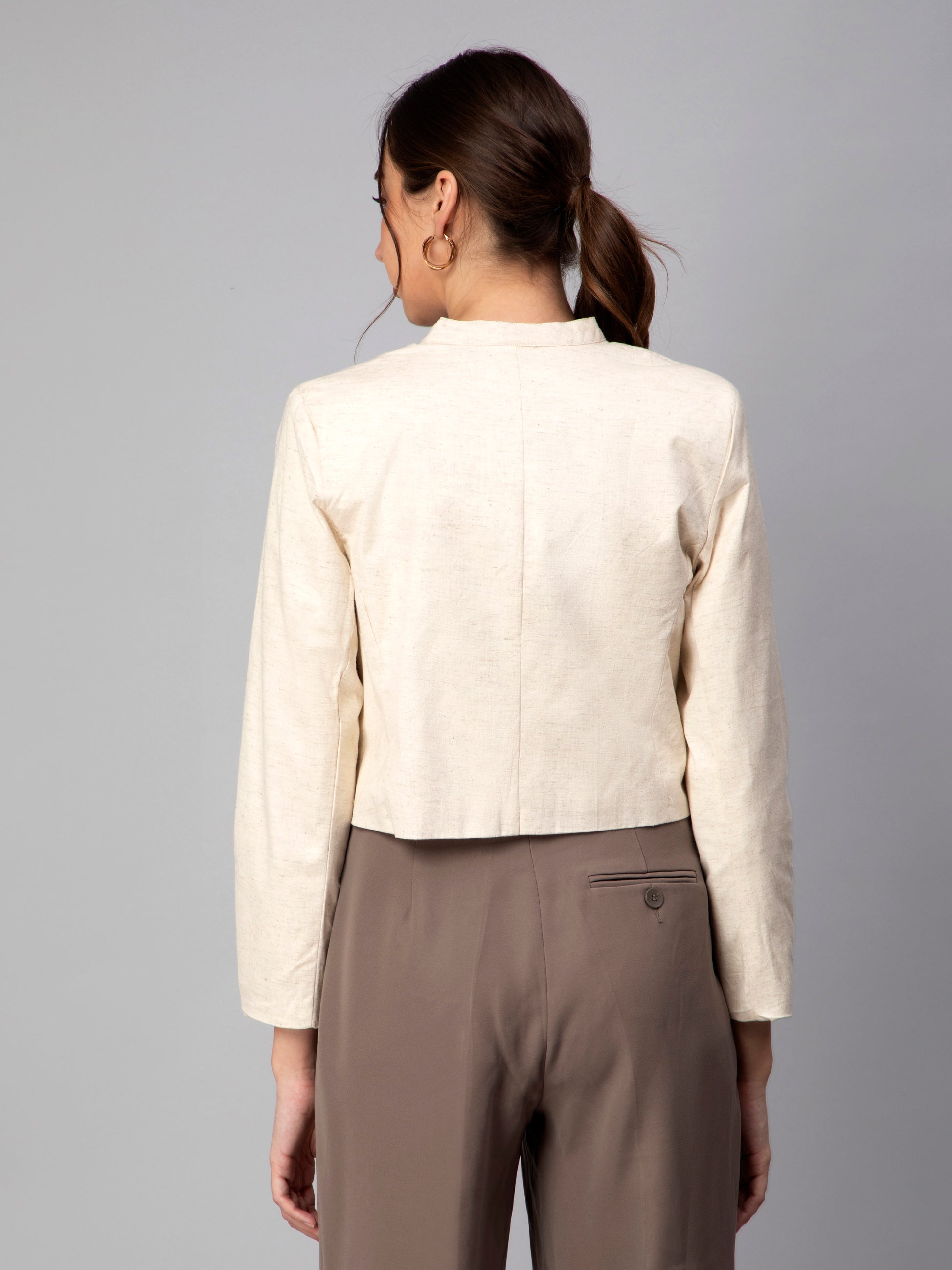 The view from back of Beige Blazer In Pure Cotton, formal office wear for women