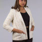 A Women in White Gold Tree Blazer In Pure Cotton, womens workwear standing against a grey background