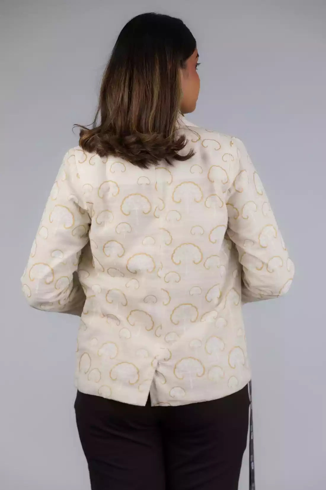 The view from back of White Gold Tree Blazer In Pure Cotton, formal office wear for women