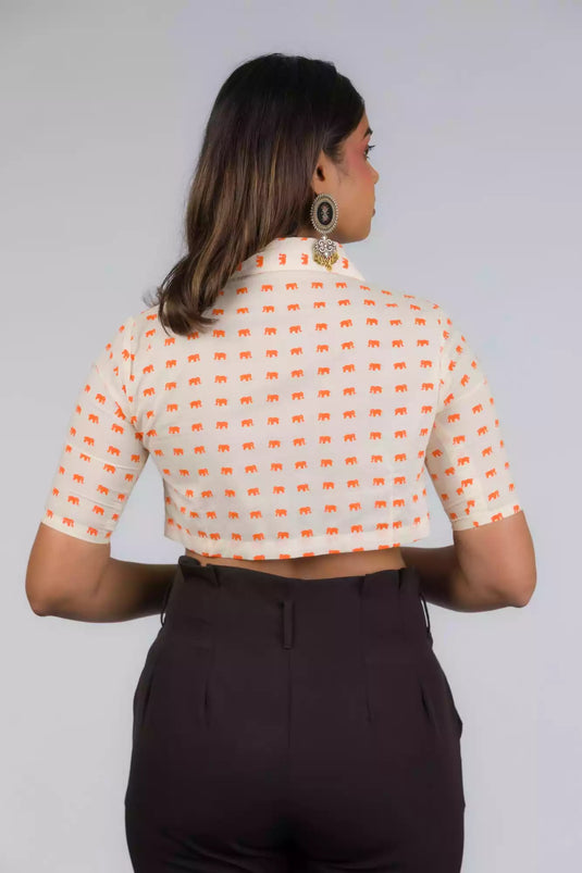 The view from back of Elephant Print Mul Cotton Blouse, formal office wear for women