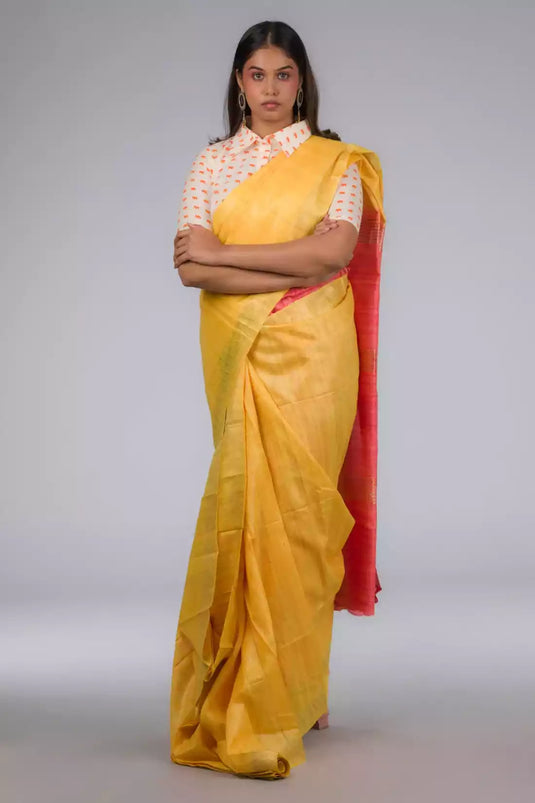 A pretty lady in Crimson & Scarlet Tussar with Ghicha Border Saree, a office wear for women