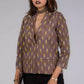 A pretty lady in Grey Yellow Ikkat Blazer In Pure Cotton, a office wear for women 