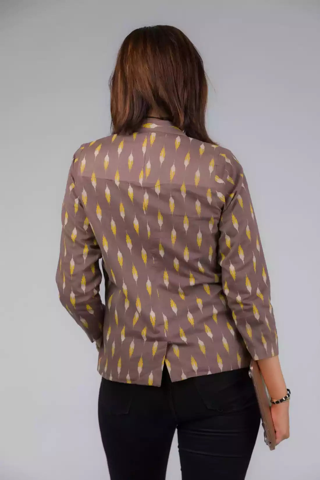 The view from back of Grey Yellow Ikkat Blazer In Pure Cotton, formal office wear for women