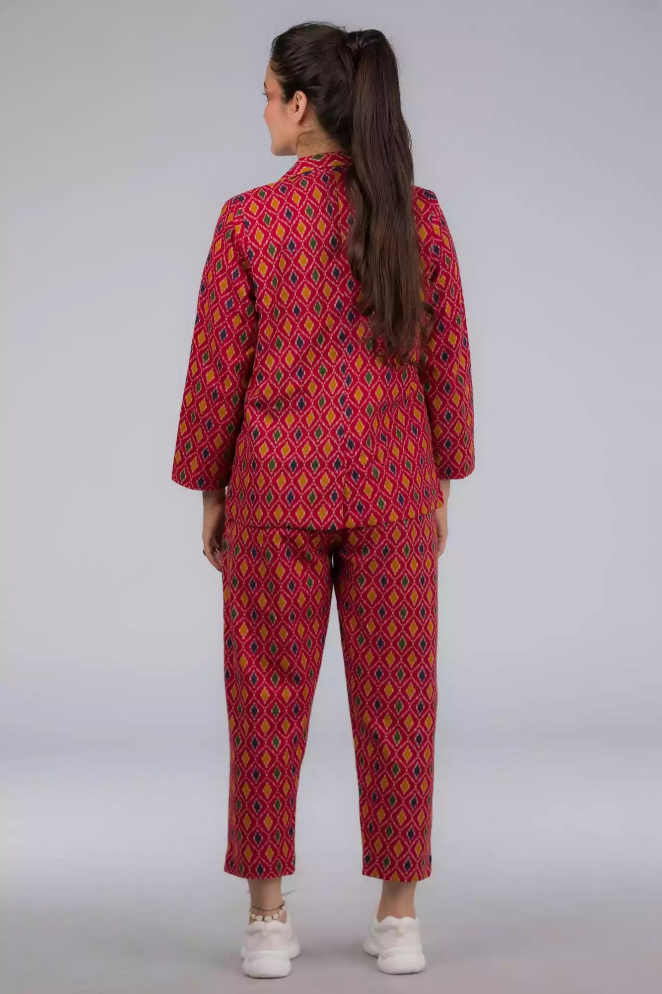 The view from back of Red Ikkat bottom In Pure Cotton, formal office wear for women