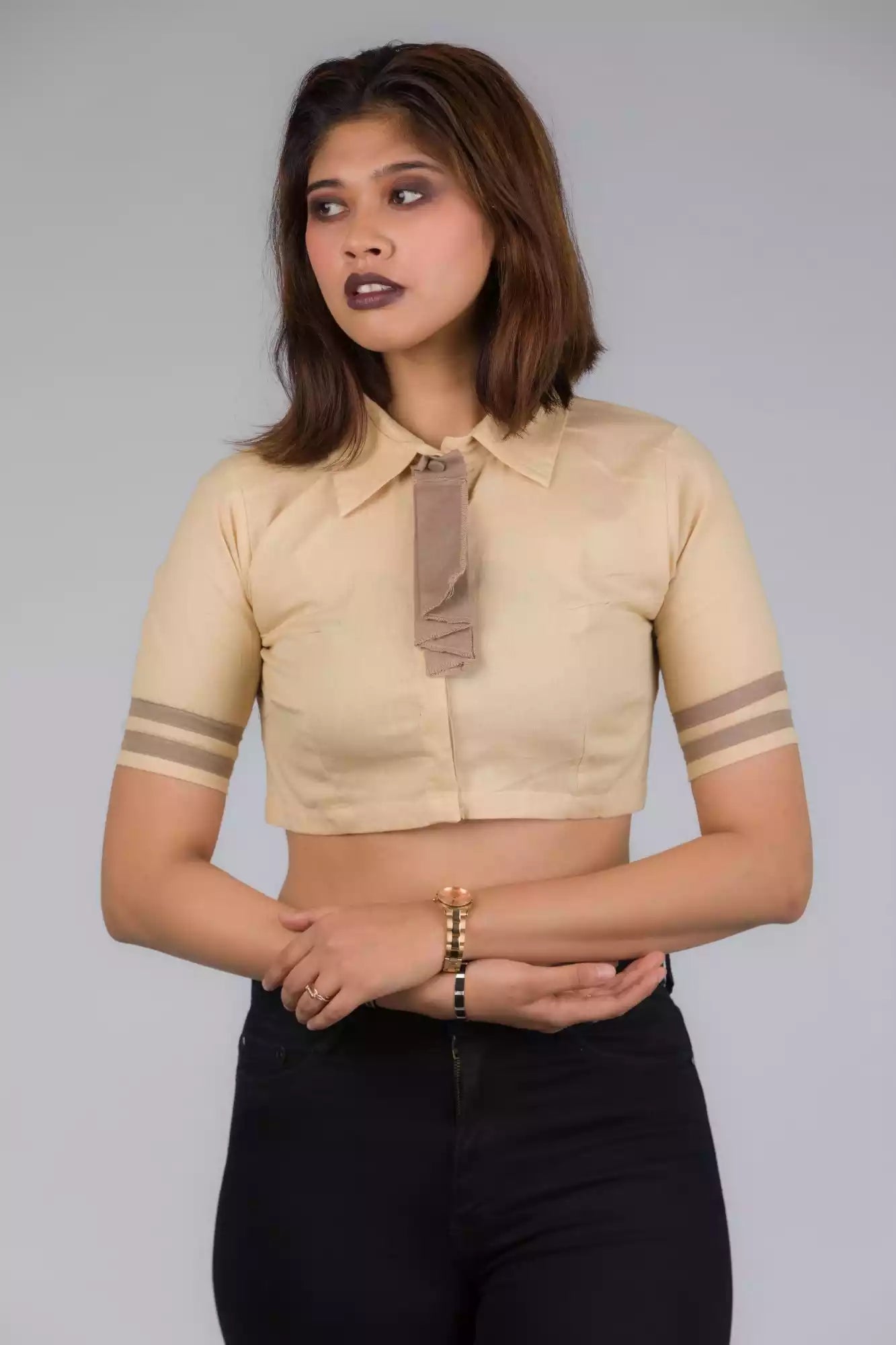 A pretty lady in Light Beige Blouse with removeable Brown tie In Pure Cotton, a office wear for women