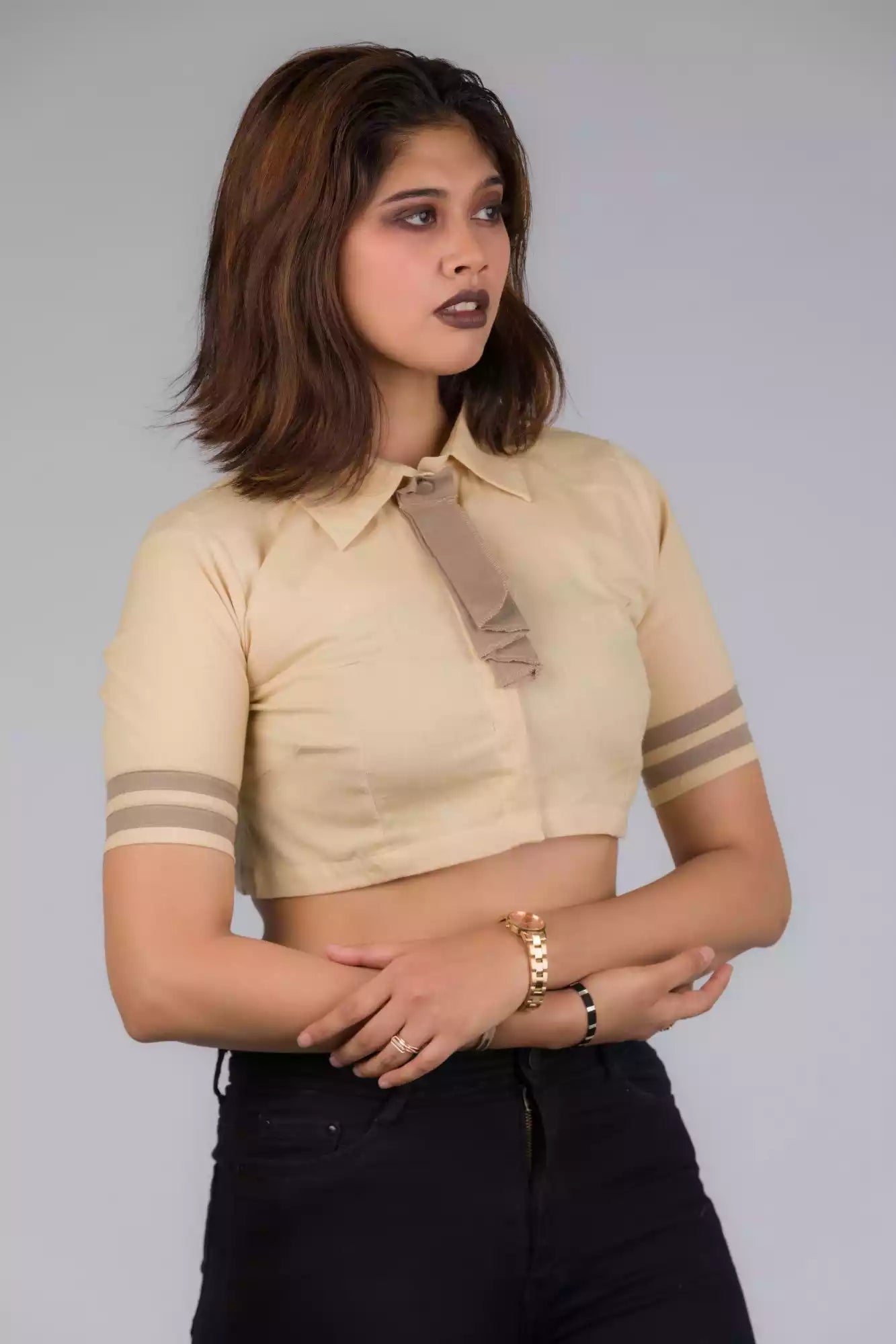 A picture of Light Beige Blouse with removeable Brown tie In Pure Cotton, womens workwear standing against a grey background looking sideways