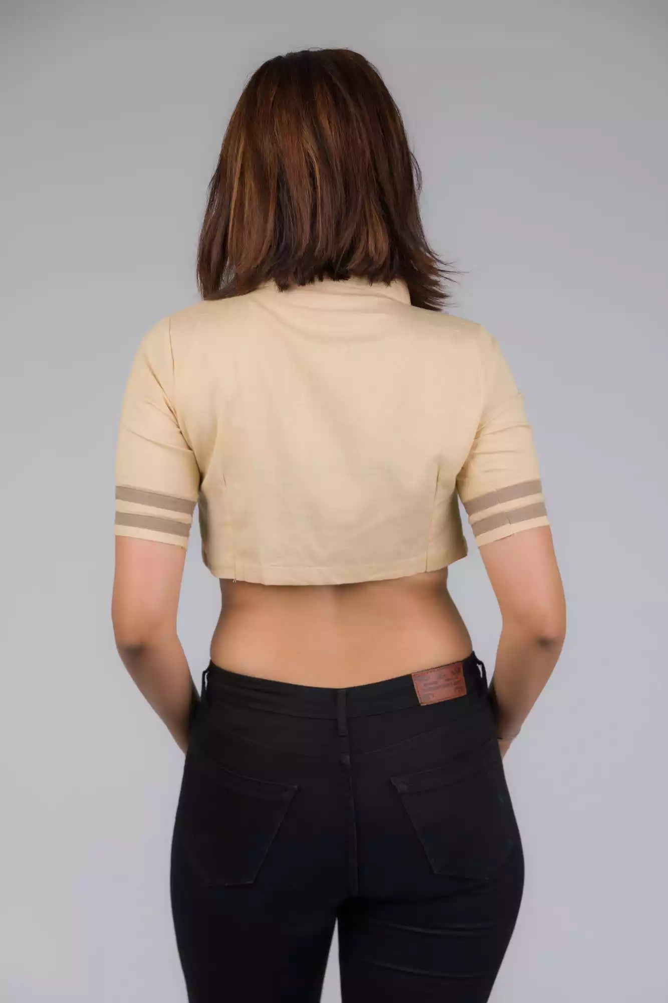 zoomed out version of view from back of Light Beige Blouse with removeable Brown tie In Pure Cotton, formal office wear for women