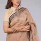 An aesthetic image of lady in Handwoven Soft Linen Cotton Saree in Beige and Black, womens workwear looking sideways