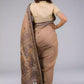 A beautiful back view of lady in Handwoven Soft Linen Cotton Saree in Beige and Black, womens workwear