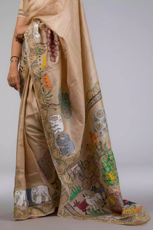 Pure Tussar in Beige Saree adorned with Patachitra