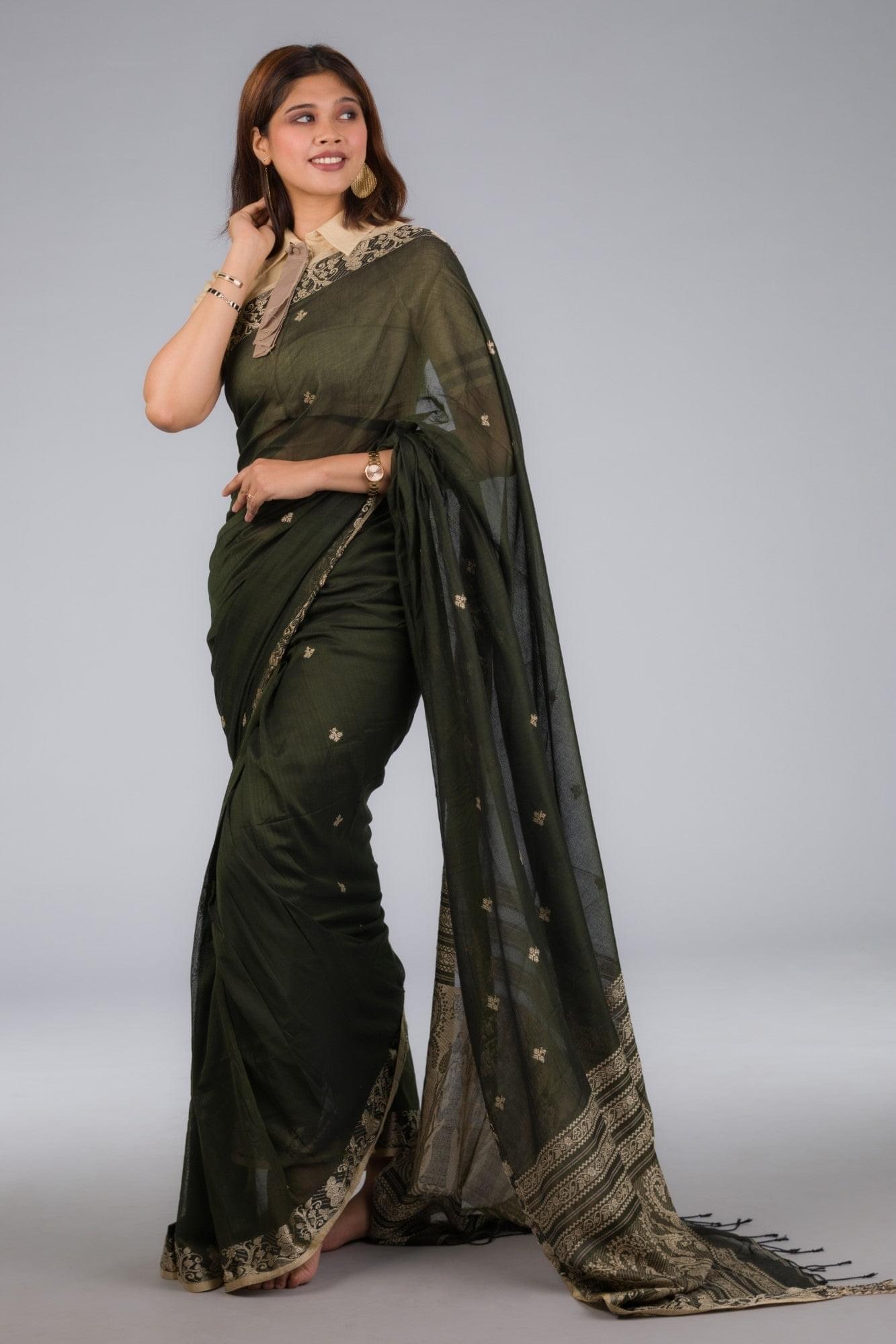 A zoomed out view of women wearing a Baluchari Pure Cotton Saree in Algae Green, formal dress for women