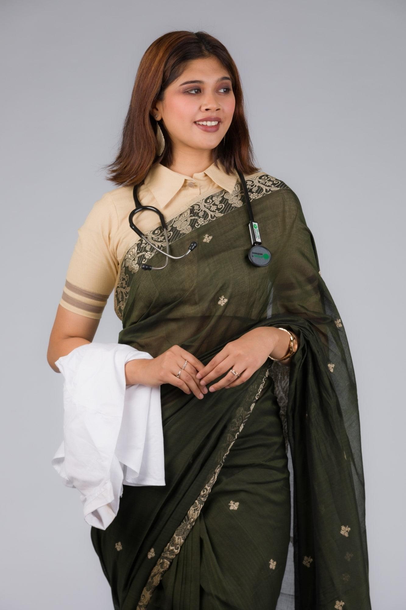 An aesthetic image of lady in Baluchari Pure Cotton Saree in Algae Green, womens workwear 